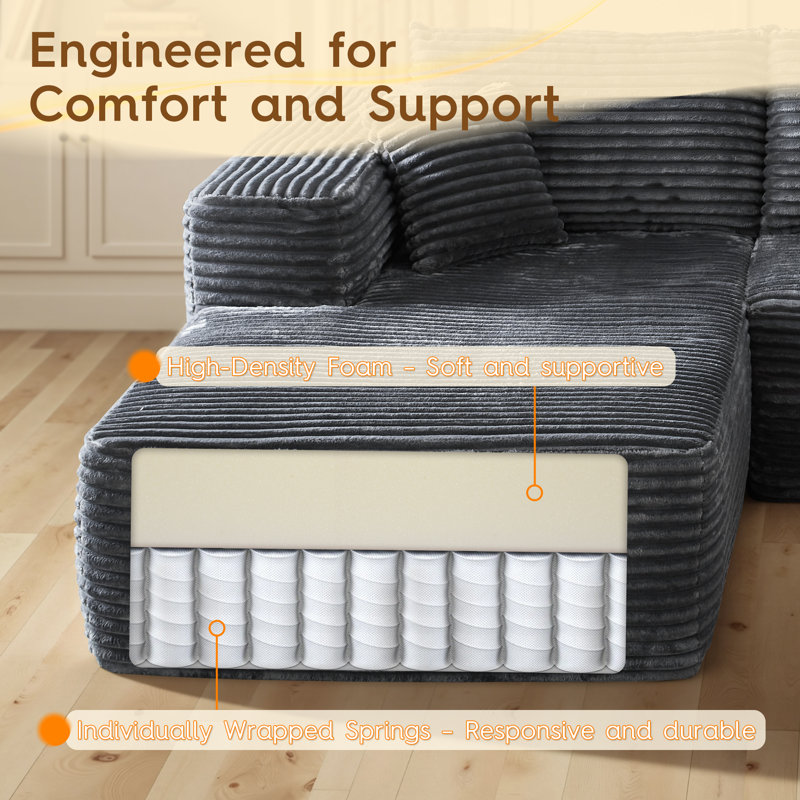 No Assembly Required Compression Packed 3-piece Cloud Modular Upholstered Sectional Sofa With Chaise Lounge Chair