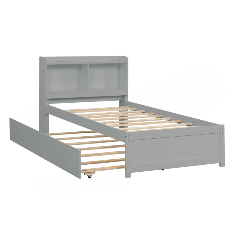 Twin Bed With Trundle,Bookcase,Grey, Twin, Gray