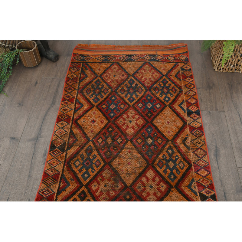 Tapis à motif géométrique en laine orange 31,5 x 144,9 pouces