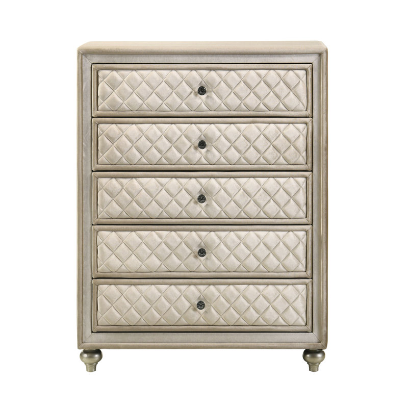Commode rembourrée 5 tiroirs Joie, velours beige