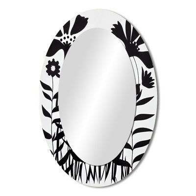 Black And White Graphic Flowers V - Floral Oval Decorative Mirror On Metal