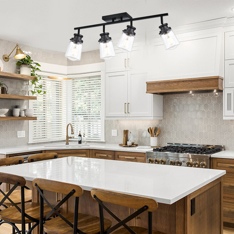 Lighting Track Light, Modern Fixed Rail Lighting With Clear Glass Shade, 4-Light Kitchen Ceiling Light In Black Finished.
