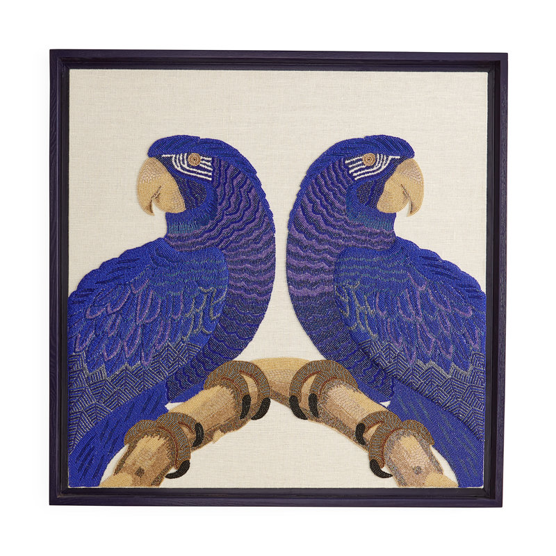 Hand-Beaded Blue Macaw Wall Art with Black Frame