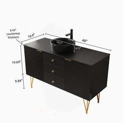 Meuble-lavabo 48 po, meuble-lavabo autoportant en contreplaqué avec pieds dorés, 3 tiroirs et 2 portes, vasque en céramique à motif de pierre noire et plateau en pierre frittée noire, noir