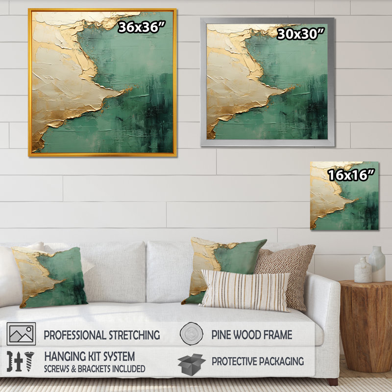 «Gold and Green Paint Fusion II», reproduction d'art encadrée, Cadre flottant doré, H 16 po x l 16 po
