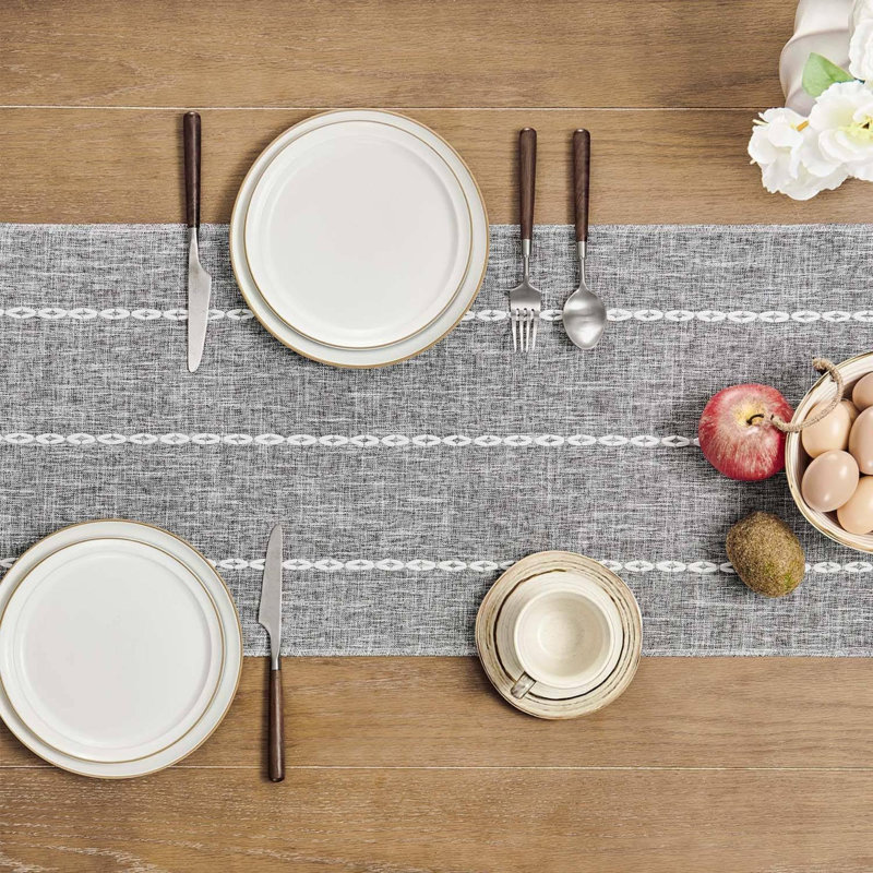 Gray Braided Striped Polyester Table Runner with Tassels
