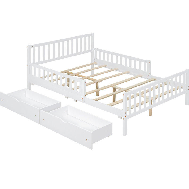 Lit plateforme en bois blanc avec garde-corps latéraux et deux tiroirs de rangement accessibles pleine grandeur de style moderne