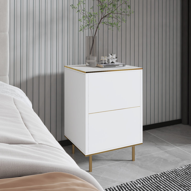 Tazeem 40cm W Particle Board / Chipboard Bedside Table, Orma/White/Gold