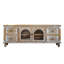 Meuble télé 60 pouces avec 4 tiroirs et 2 portes vitrées, console multimédia en bois rustique, blanc antique naturel