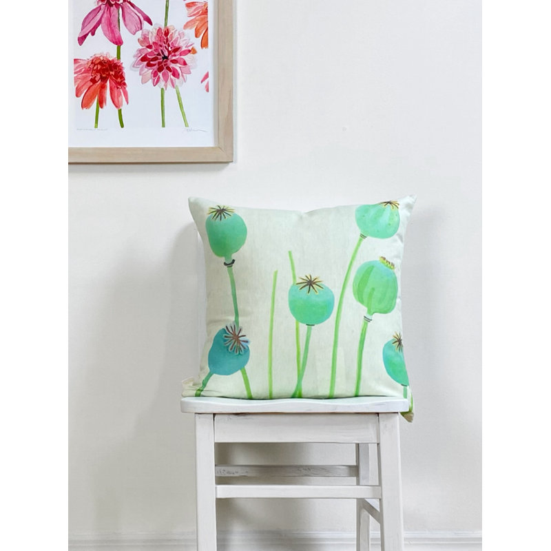 Coussin décoratif: Cosses de pavot sur fond gris, Vert/blanc