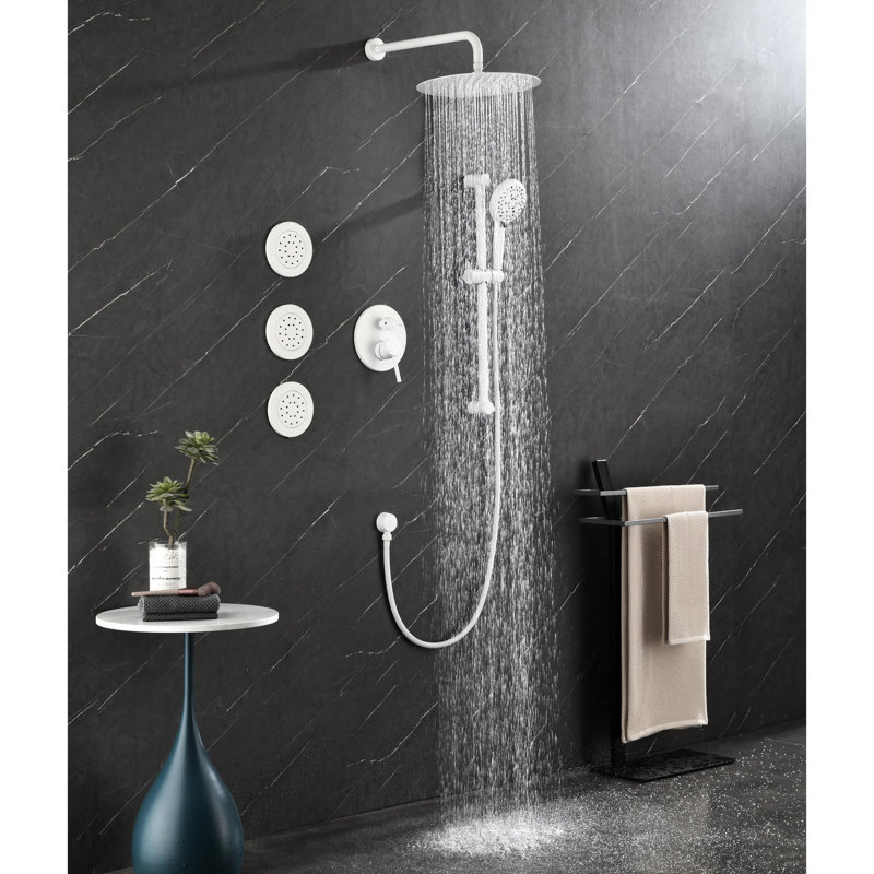 Shower System: White Brass, Head, Hand Shower, Slide Bar, Bodysprays - Wall Mounted Version Brass Style Collection