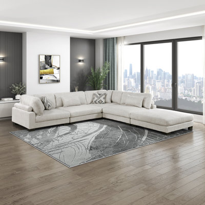  Brinsley 135" Modern Modular Sectional with Microfiber Fabric, Included Ottoman & 6 Pillows