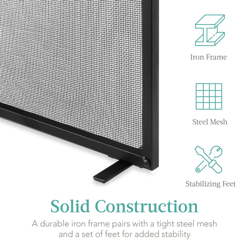 Cassiano 38x27in Single Panel Fireplace Screen Handcrafted Steel Mesh Spark Guard w/ Handles, Black