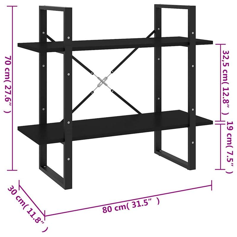 Bibliothèque Canne en bois d'ingénierie, Noir, noir, noir, noir, (2 tablettes) H 27,6 po x l 31,5 po x P 11,8 po