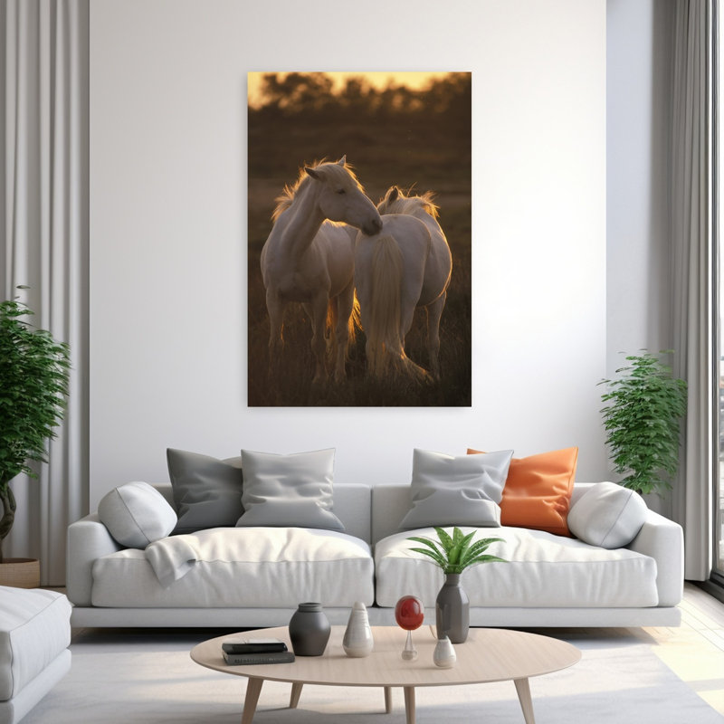 Chevaux de Camargue, art contemporain cheval au lever du soleil, H 60 po x l 40 po