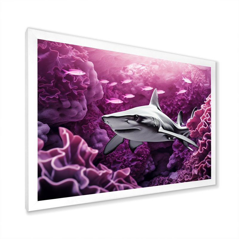 " Hammerhead Purple Sharks I ", White Single Picture Framed, 12" H x 20" W x 1" D