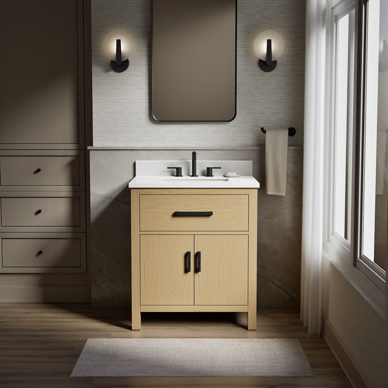 Kresla 30 In. Bathroom Vanity Cabinet With Sink And Quartz Top, Light Oak, Matte Black