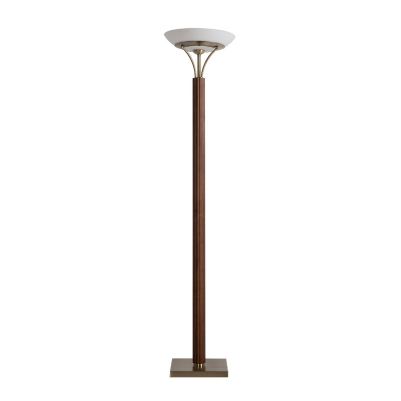 Dark Walnut and Weathered Brass Torchiere Floor Lamp with Glass Diffuser