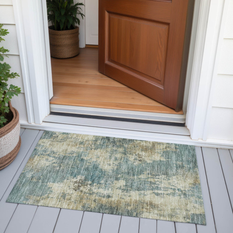 Tapis bleu sarcelle lavable à la machine intérieur / extérieur Xhevrie, Rectangle 1 pi 8 po x 2 pi 6 po