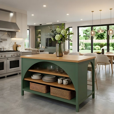 Îlot de cuisine de style campagnard de 142 cm (56 po), plateau en bois d'hévéa naturel, détail arqué + rangement ouvert, vert