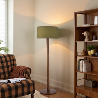 61 po Lampe sur pied standard 1 lumière vert olive avec cadre en bois massif et abat-jour tambour en lin (ampoule non incluse)