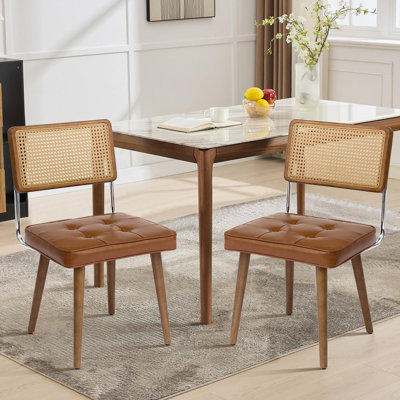 Natural Rattan Dining Chairs Set of 2, Velvet Upholstered Kitchen Chairs w/ Tall Cane Backrest and Strong Wood Legs for Dining Room, Kitchen