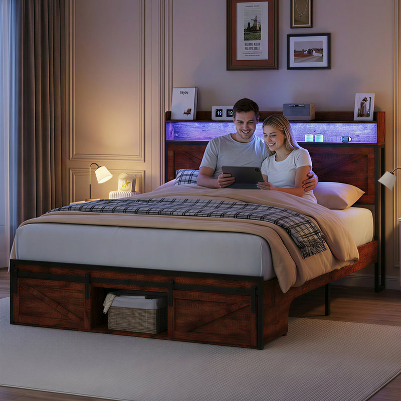 Base de lit double pleine grandeur avec lumières DEL et ports USB, lit plateforme rustique avec rangement pour tête de lit et support en métal silencieux