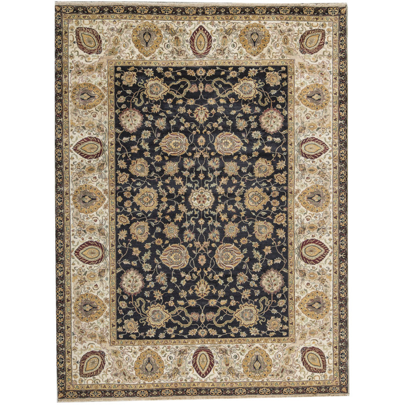 Tapis noir et crème noué à la main de haute qualité