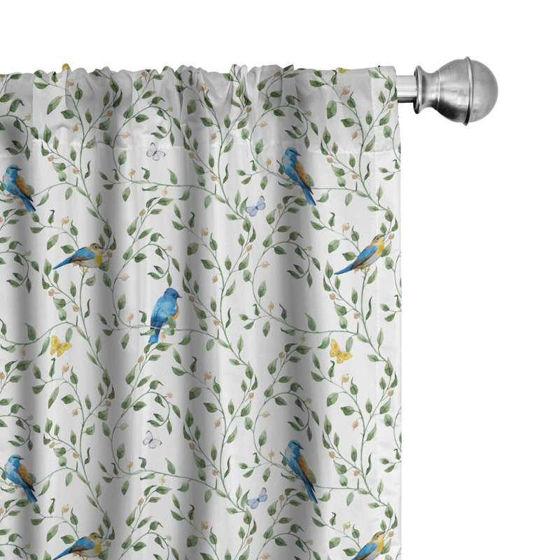 East Urban Home Birds 4-Panel Curtains, Thin Leafy Branches Berries Reseda Green Multicolor, 56" W x 84" L