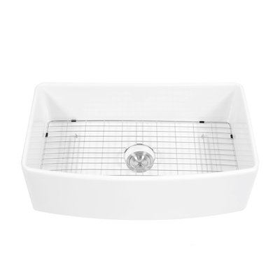 33 Inch White Ceramic Kitchen Sink With Arch Edge Apron Front, Single Bowl For Functional Kitchens, And Practical, Includes Basket Strainer - In Easy To Wipe Clean, Comes