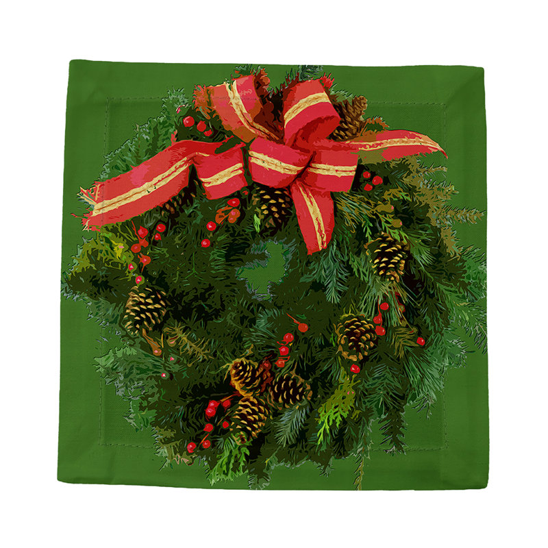 Christmas Wreath Cotton Sateen Cocktail Napkins, Green