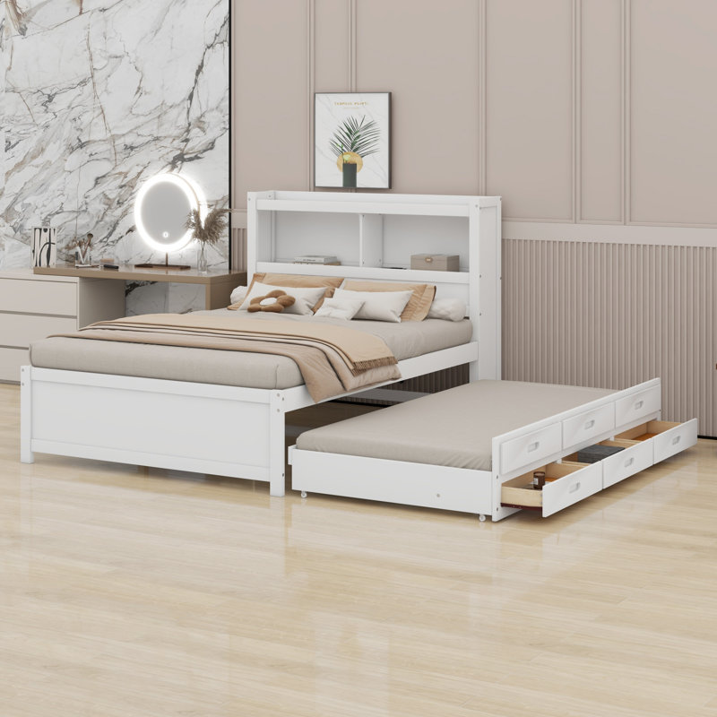 Lit plateforme avec lit gigogne, tiroirs et prises USB, Blanc