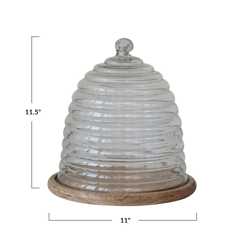 Reclaimed Etched Glass Beehive Shaped Cloche With Mango Wood Base