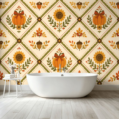 Peel and Stick Wallpaper Wall Mural Autumn Harvest Pumpkins Sunflowers Acorns Foliage Cream Wall Art Self Adhesive and Removable