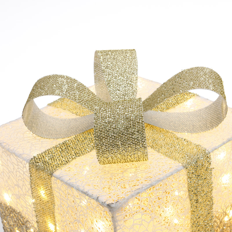 Ensemble 3 pièces de boîte-cadeau craquelé blanc pré-éclairé avec minuterie