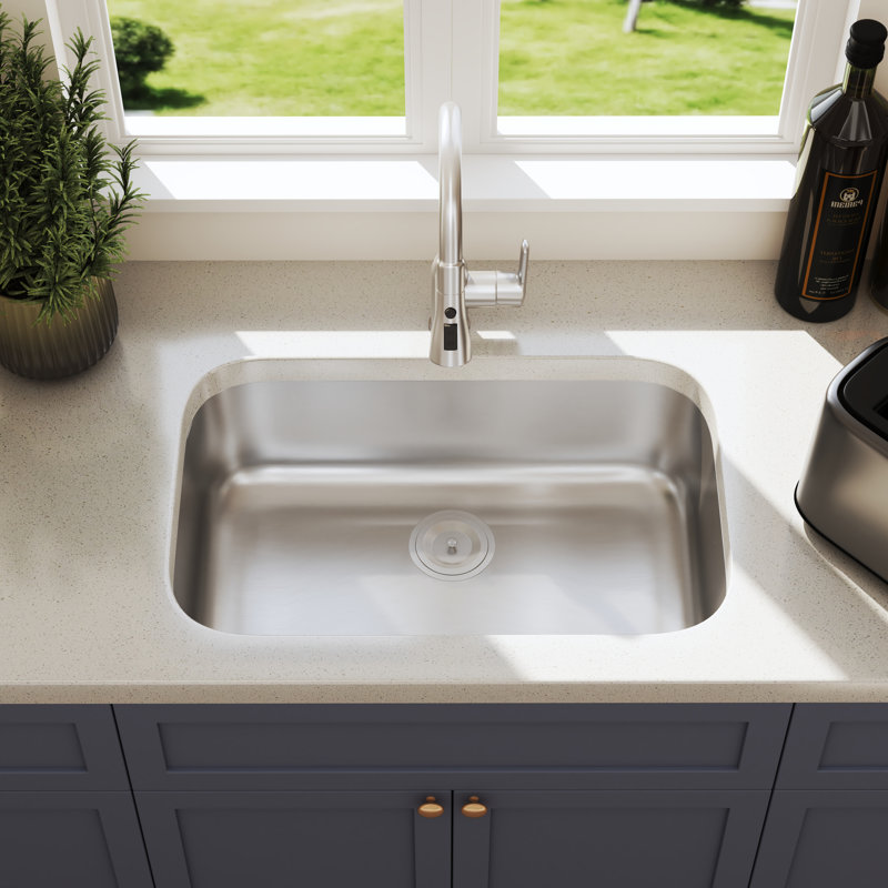 Blenzia 27 Inch Undermount Curved 18 Gauge 304 Stainless Steel Single Bowl Kitchen Sink with Strainer 27" x 18" x 9"