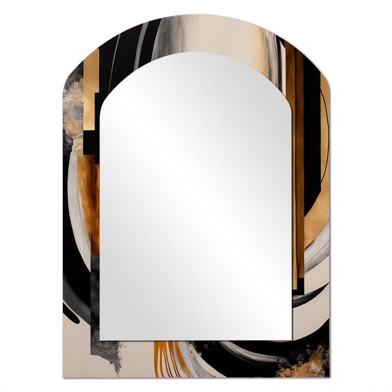 Gold Touch Art Deco IV - Abstract Arch Decorative Wall Mirror, Black Asymmetrical Large Mirror, Printed Metal Art