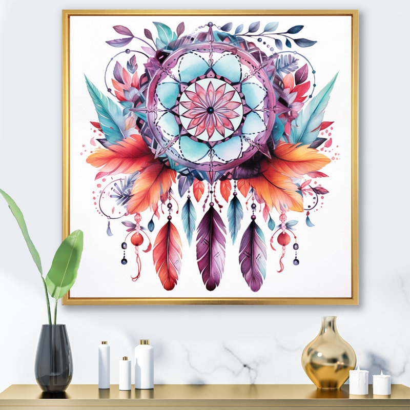 Mauve Boho Dreamcatcher, aquarelle encadrée sur toile, H 16 po x l 16 po, Cadre flottant doré