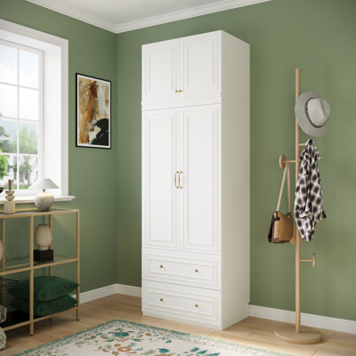 Armoire-penderie autoportante de 239 cm de hauteur avec 2 tiroirs, rangement pour chambre à coucher, quincaillerie dorée