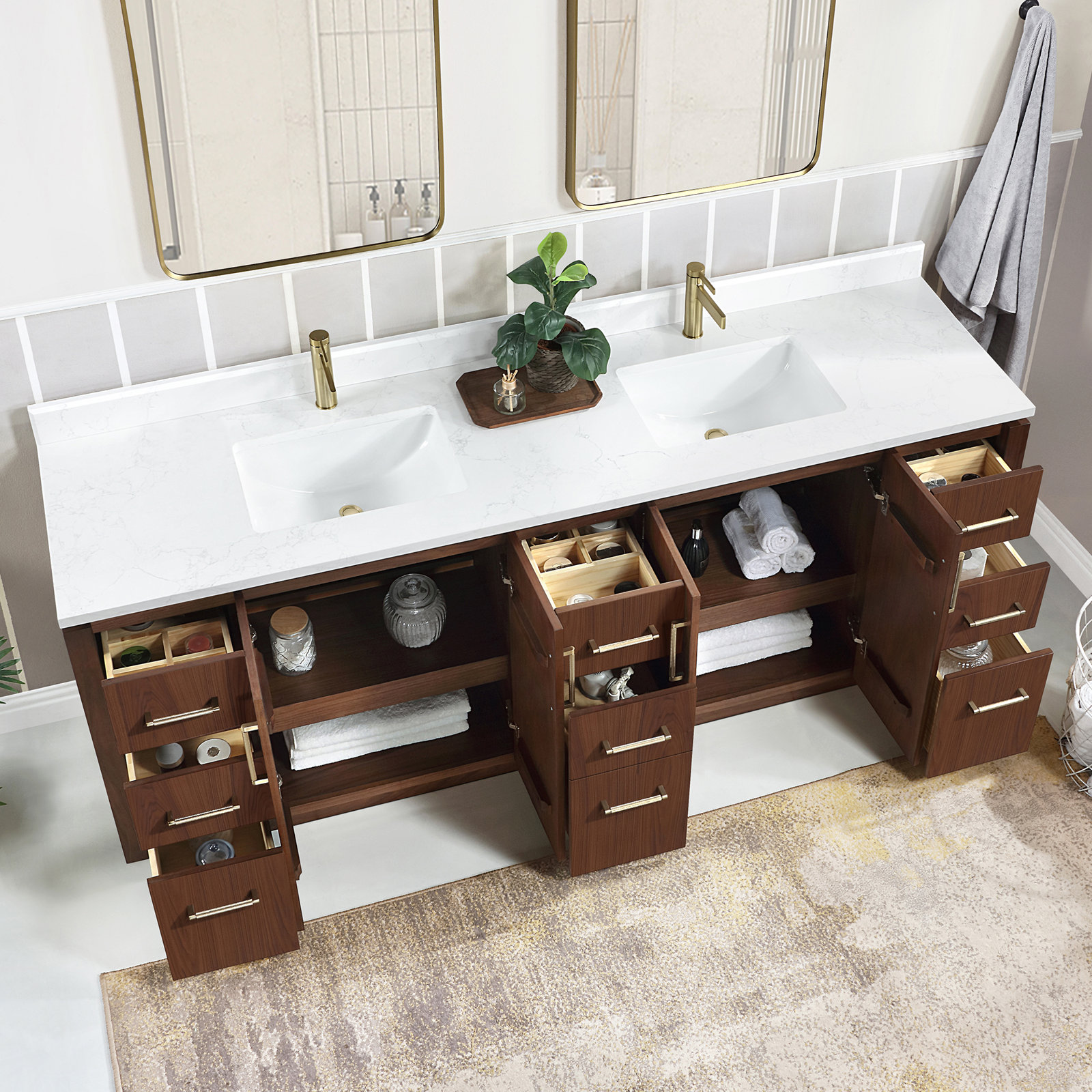 Cloverfield 84'' Double Bathroom Vanity, Natural Walnut, Gold