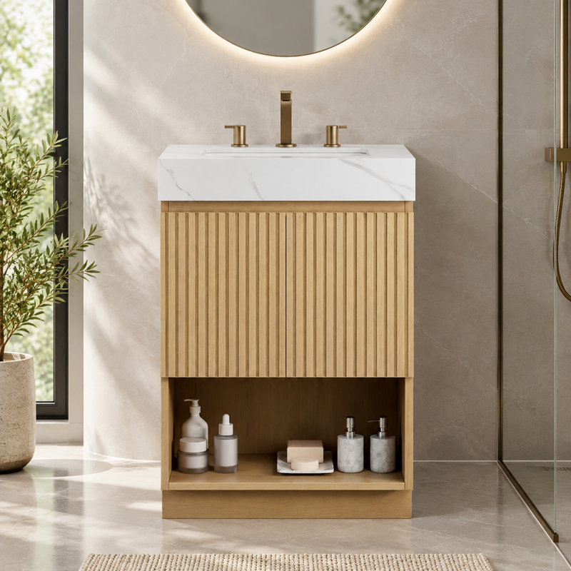 Meuble-lavabo autoportant de 61 cm avec comptoir en pierre frittée et lavabo en céramique