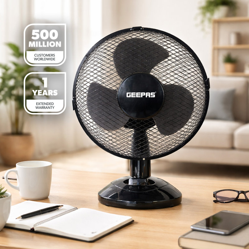 GEEPAS 9" Table Fan | Electric Portable Worktop Desk Fan with 2 Speeds 3 Blades, Adjustable Tilt Wide Angled Oscillation | Powerful Low Noise Airflow for Home Office | 1 Year Warranty, 22W