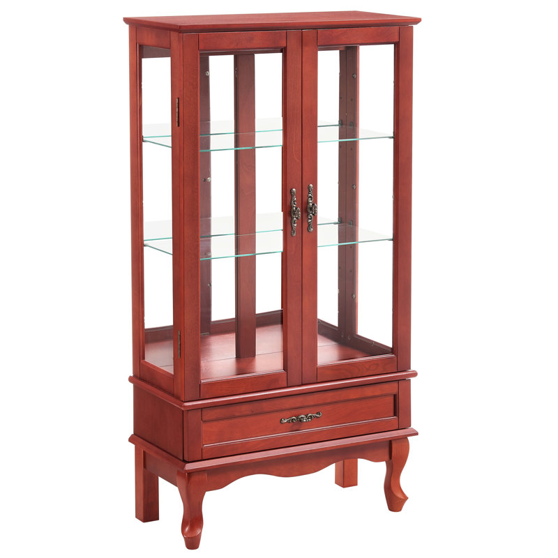 Graceful Curio Cabinet With 2 Doors And 1 Drawer - Cherry, Adjustable Shelves, Bulb Included, Protection Mechanism Fascinating Lighted Display Cherry Finish, Stability Guarantee