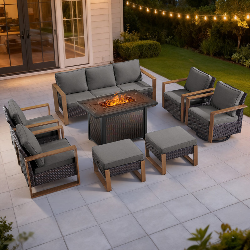 Drazen 9 - Person Patio Furniture Set With Fire Pit Table, All-Weather Wicker Outdoor Conversation Set With Chair And Thick Cushions