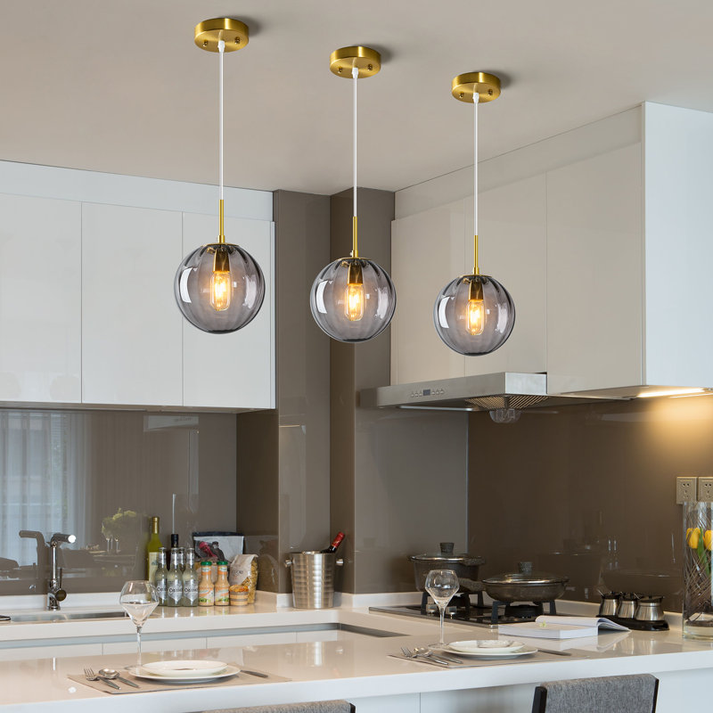 Luminaires suspendus en verre pour îlot de cuisine Globe, Gris, H 66,93 po x l 7,87 po x P 7,87 po