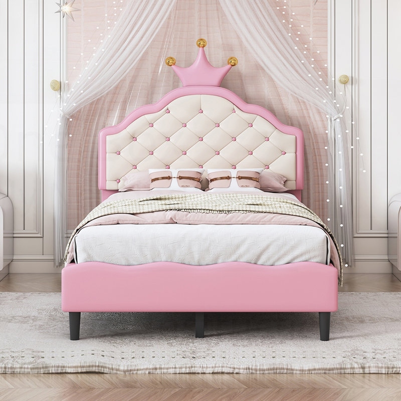 Lit princesse en cuir synthétique avec tête de lit et structure robuste, Lit simple