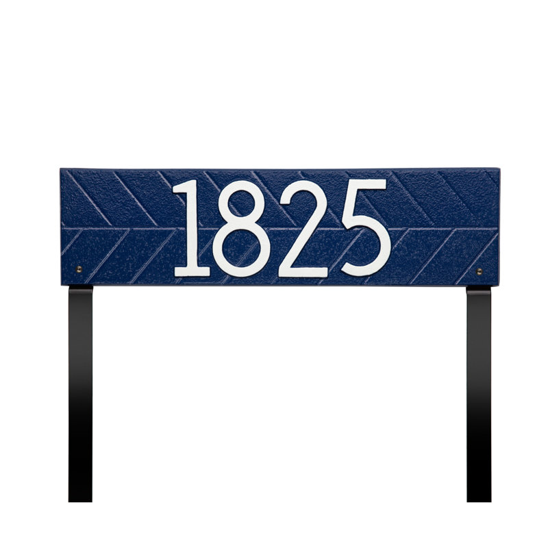 Herringbone Horizontal Plaque, Standard Lawn 1-line, Bleu foncé / Blanc, Oui