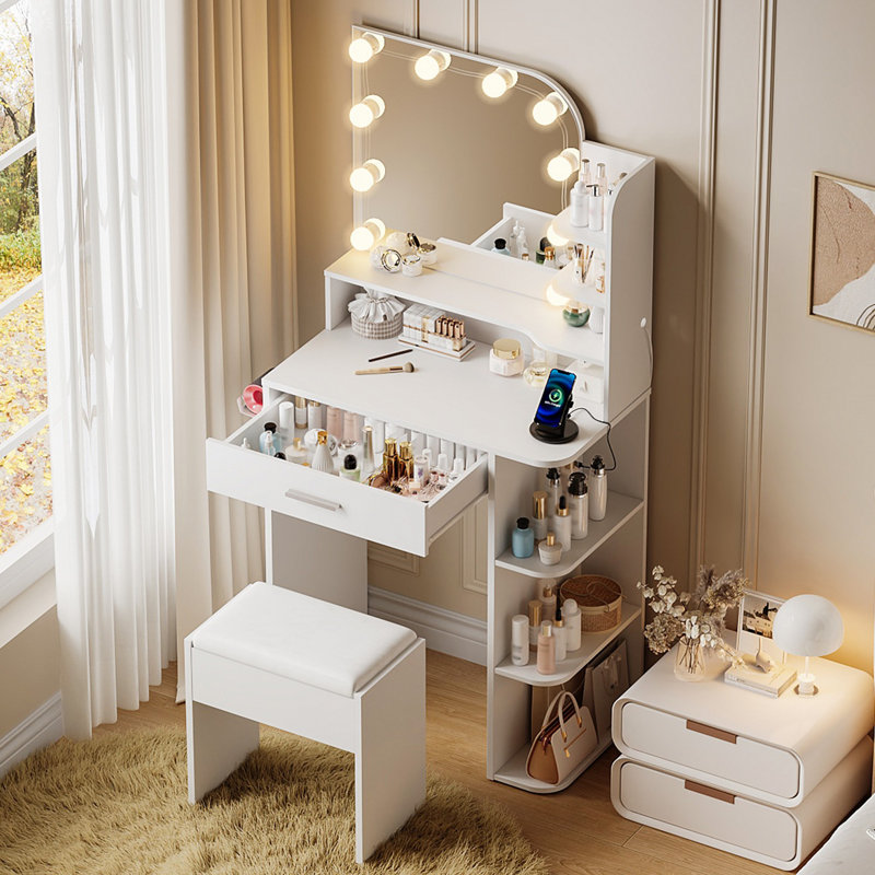 Jaseria Makeup Vanity Set with LED Lighted Mirror & Power Outlet for Bedroom, White