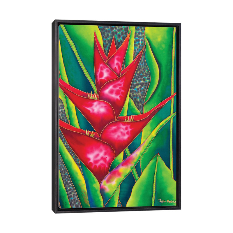 «Red Heliconia» par Daniel Jean-Baptiste - reproduction d'art, H 26 po x l 18 po x 1,5 po, Toile encadrée noir délavé
