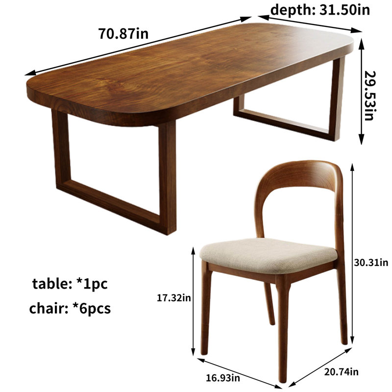 Ensemble de table de salle à manger Minimalist, H 29,53 po x L 70,87 po x l 31,5 po, Brun, 7 Pieces: Table, 6 Chairs